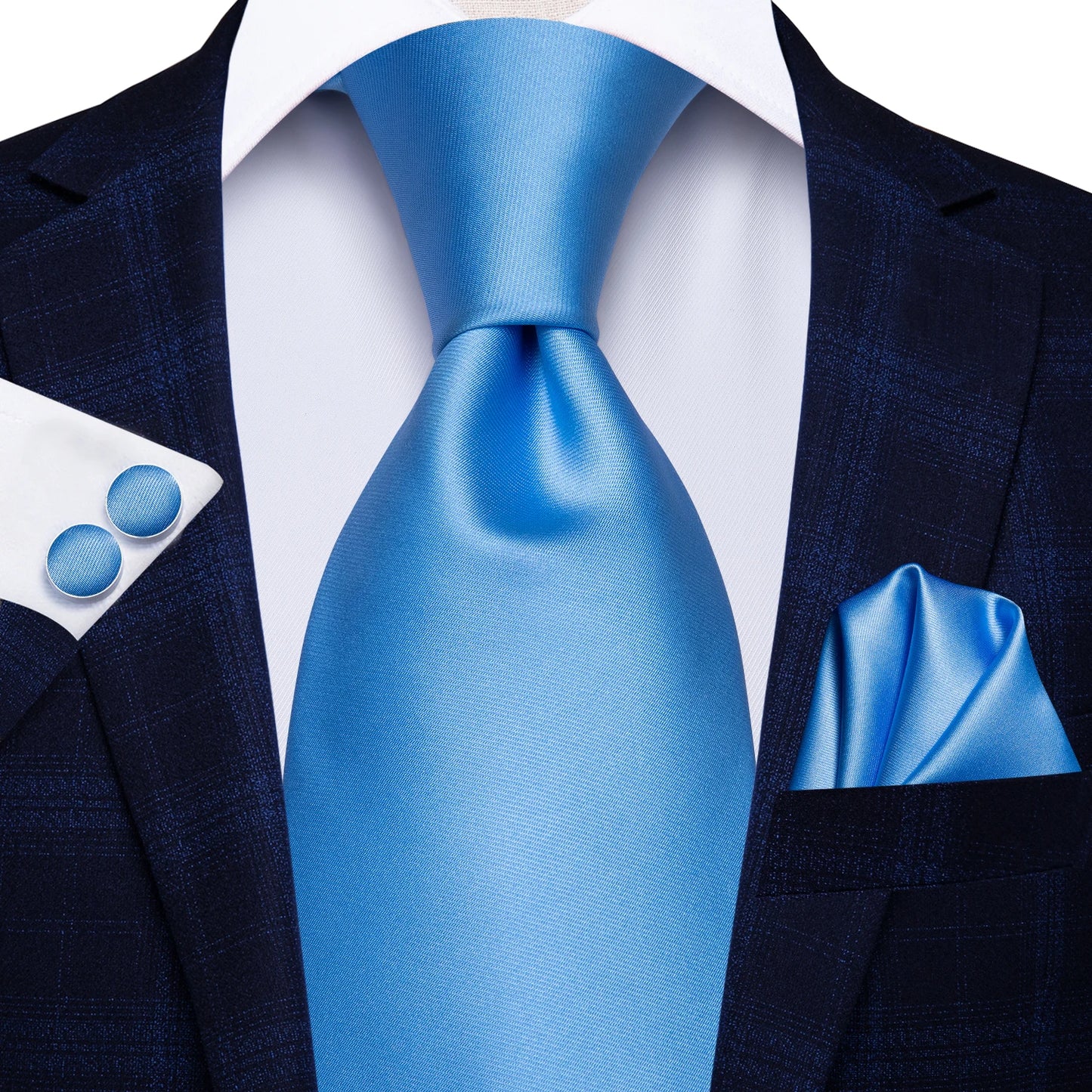 Brand New 2025 Hi-Tie Light Blue Striped Business Mens Tie 8.5cm Jacquard Necktie Accessorie Daily Wear Cravat Wedding Party Hanky Cufflink Set