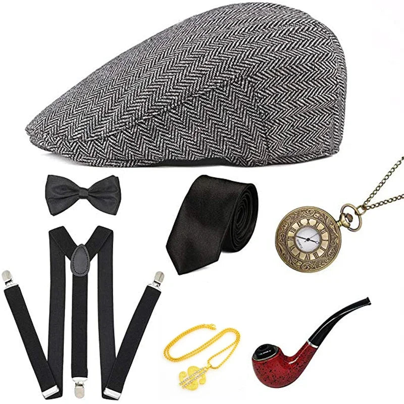 The Great Gatsby Cosplay Costume 1920s Mens Gangster Accessories Set Newsboy Hat Suspenders Armbands Tied Bowtie Drop Shipping30