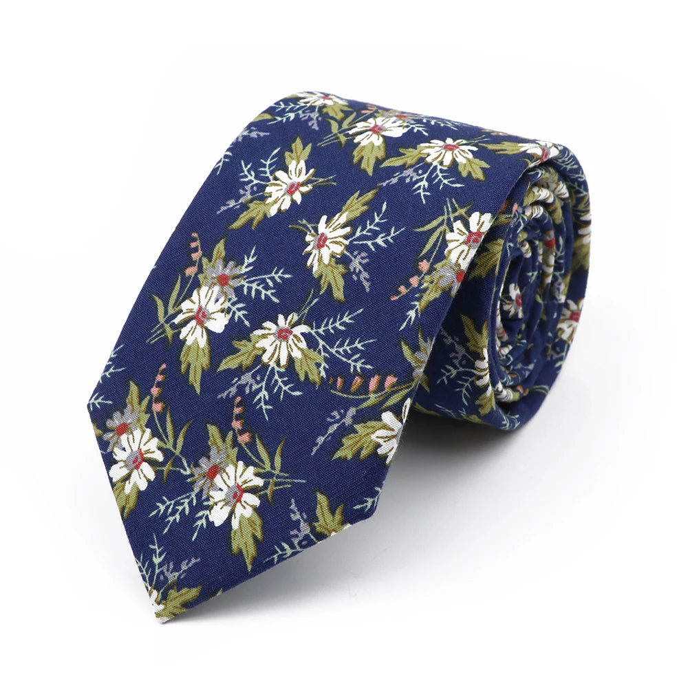 New Chic Floral Tie For Men 2025 100% Cotton Beautiful Elegant Flower Necktie White Blue Narrow Skinny Wedding Casual Cravat
