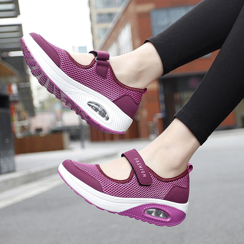 New Women Tennis Shoes New Hook Loop Air Cushion Shoe Non-slip Sole Breathable Female Casual Increase Footwear Outdoor Walk Sneakers