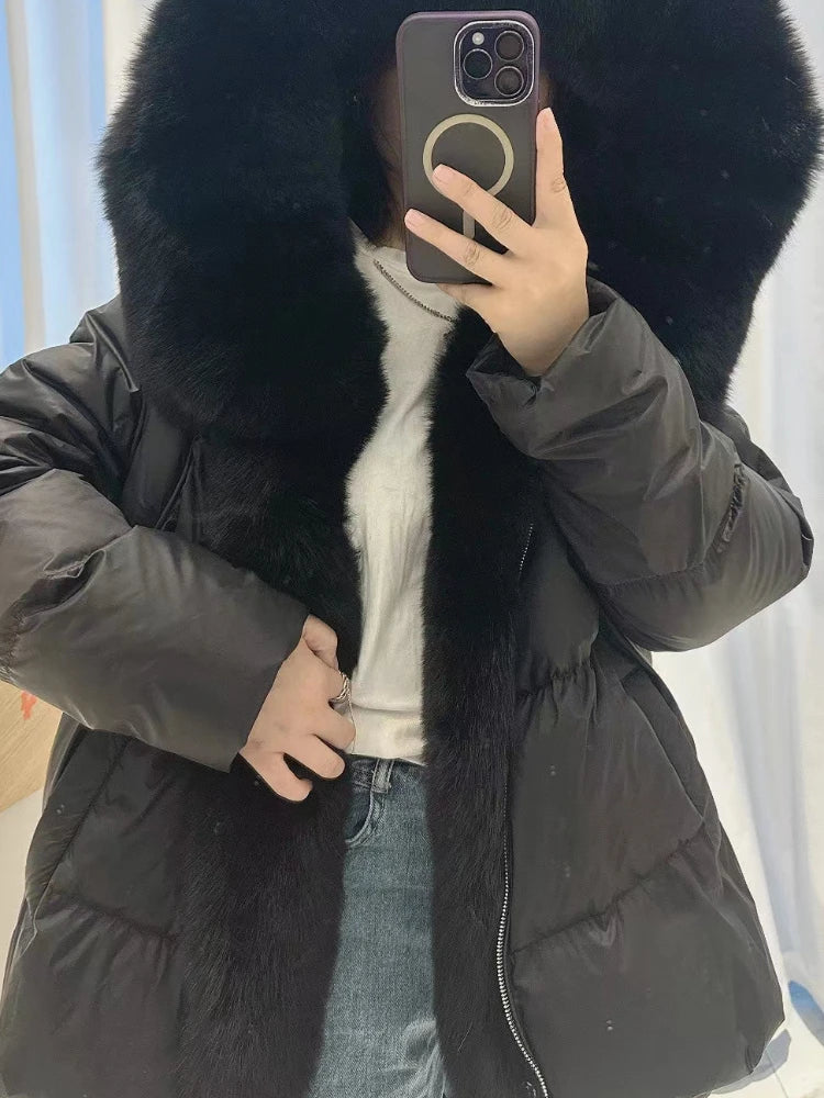 NEW 2024 2025 Women Coat White Duck Down Jacket Super Large Real Silver Fox Fur Collar Hooded New Fashion Outerwear Puffer Jacket New