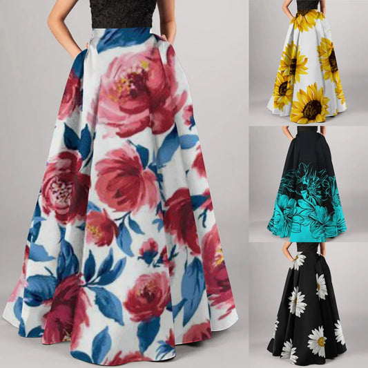 NEW 2024 Bohemian Floral Print Maxi Skirts For Women High Waist Party Beach Pocket Long Pleated Skirts For Women Plus Size