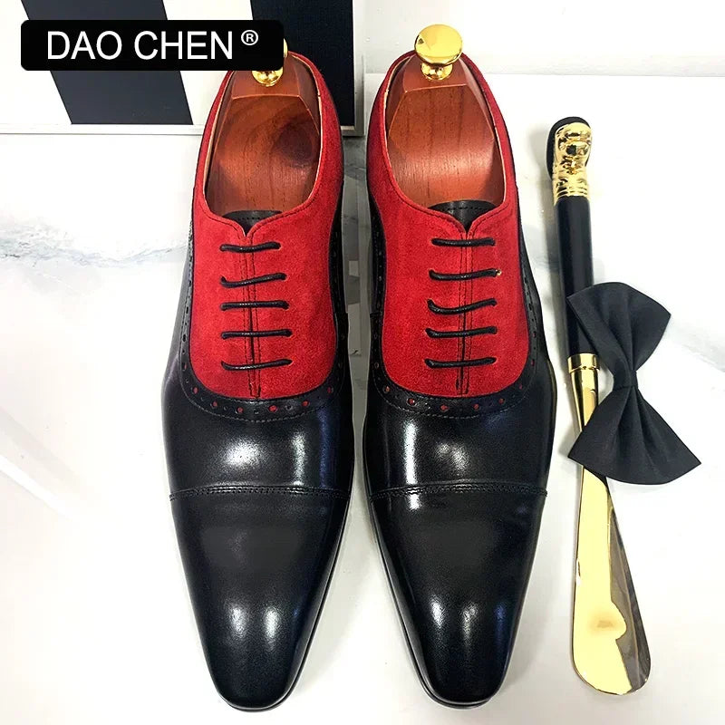 NEW 2024 LUXURY MEN'S OXFORD SHOES LACE UP BLCK MIXED RED SUEDE CASUAL MENS DRESS SHOES REAL LEATHER OFFICE WEDDING SHOES FOR MEN