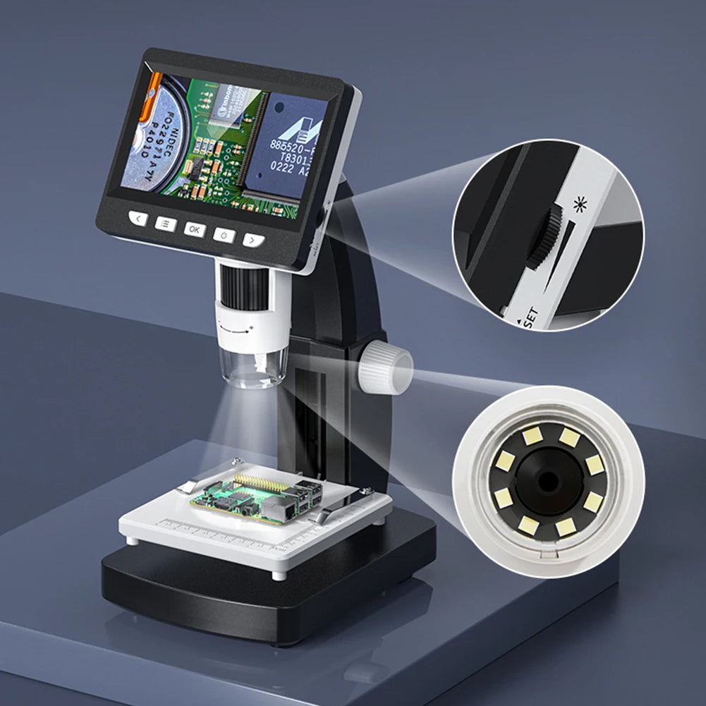 1000X Digital Microscope Zoom Microscope 2MP 1080P 4.3inch Screen Biological Microscope W/ 8 LED Light Soldering Coin Microscope