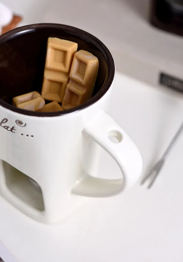 Ceramic Chocolate Cup European Candle Cup Cheese Chocolate Melting Ceramic Mug Heating Food Ceramic Mugwith Fork Creative Mugs