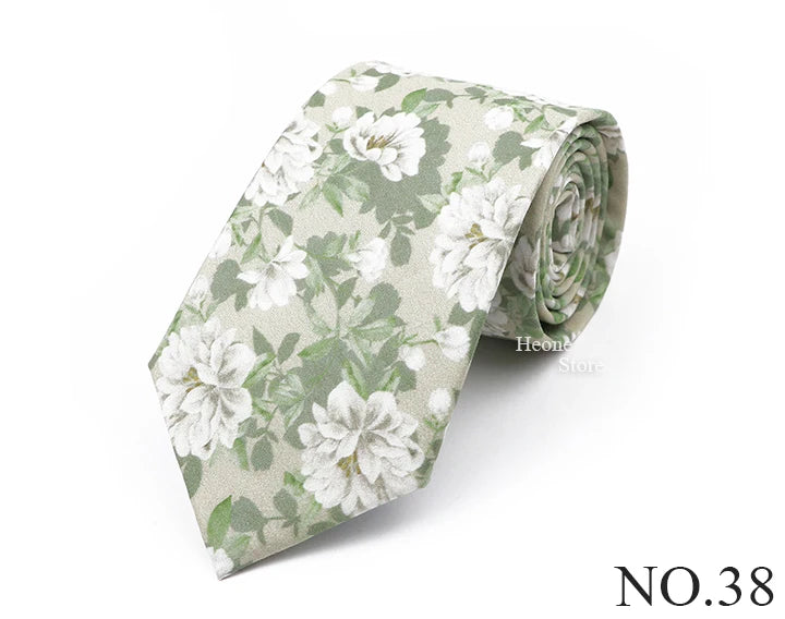 New Chic Floral Tie For Men 2025 100% Cotton Beautiful Elegant Flower Necktie White Blue Narrow Skinny Wedding Casual Cravat