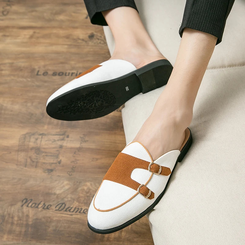NEW 2025 Suede Leather Shoes Men's Casual Luxury Brand Handmade Muller Loafers Men Slip-On Flats Driving Dress Shoes Half Slippers 38-48