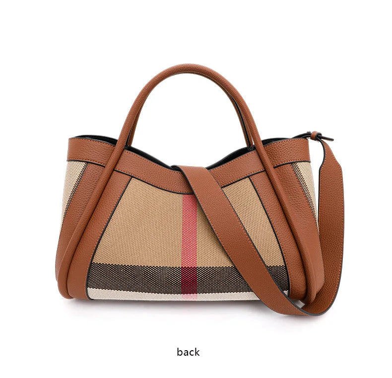 NEW 2024-2025 New Retro Checkered Women's Handbag Fashionable and Advanced Large Capacity Canvas with Cowhide Mother and Child Bag