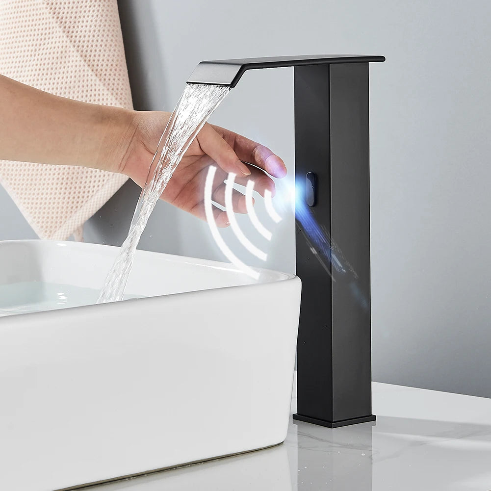 Rozin Black Smart Sensor Bathroom Basin Faucet Touchless Automatic Sense Mixer Tap Waterfall Hot Cold Water Washbasin Crane FREE SHIPPING