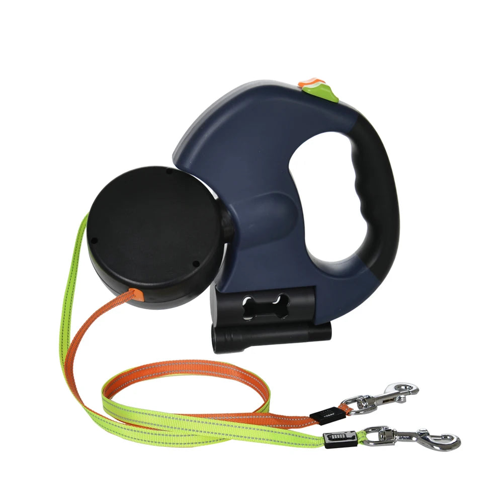 3in1 Double Head Dog Leash Flashlight Poop Bag Dispenser Dual Reflective Pet Cat Leash Automatic Extendable Puppy Traction Rope