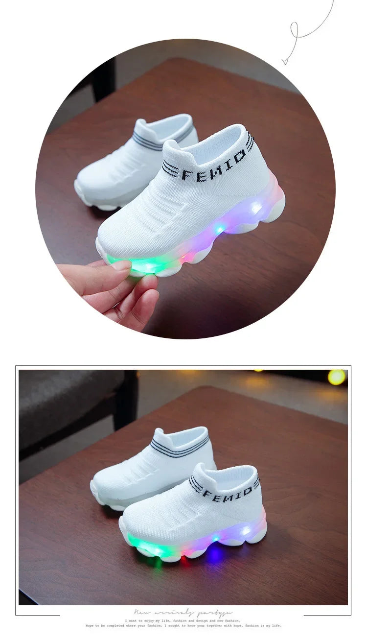 Brand New 2024-2025 Kids Sneakers Children Baby Girls Boys Letter Mesh Led Luminous Socks Sport Run Sneakers Shoes Sapato Infantil Light Up Shoes