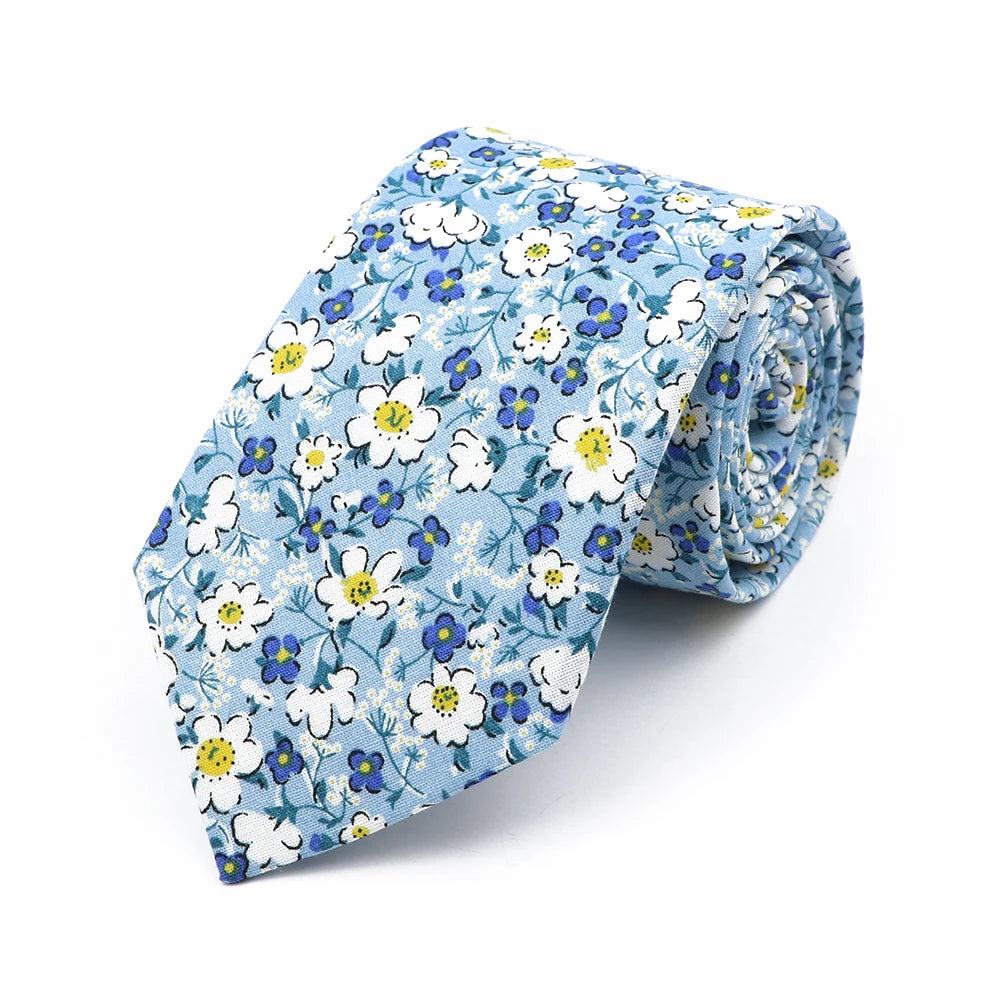 New Chic Floral Tie For Men 2025 100% Cotton Beautiful Elegant Flower Necktie White Blue Narrow Skinny Wedding Casual Cravat
