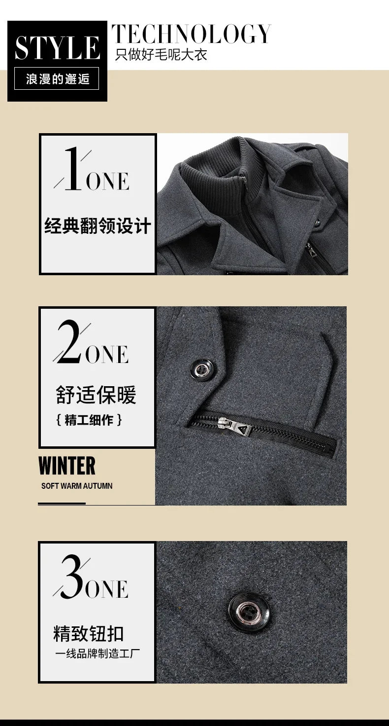 New Collection 2024-2025 Winter Mens Woollen Jacket High-quality Business Casual Jackets Male Long Style Stand Collar Solid Color Thicken Warm Wool Coats