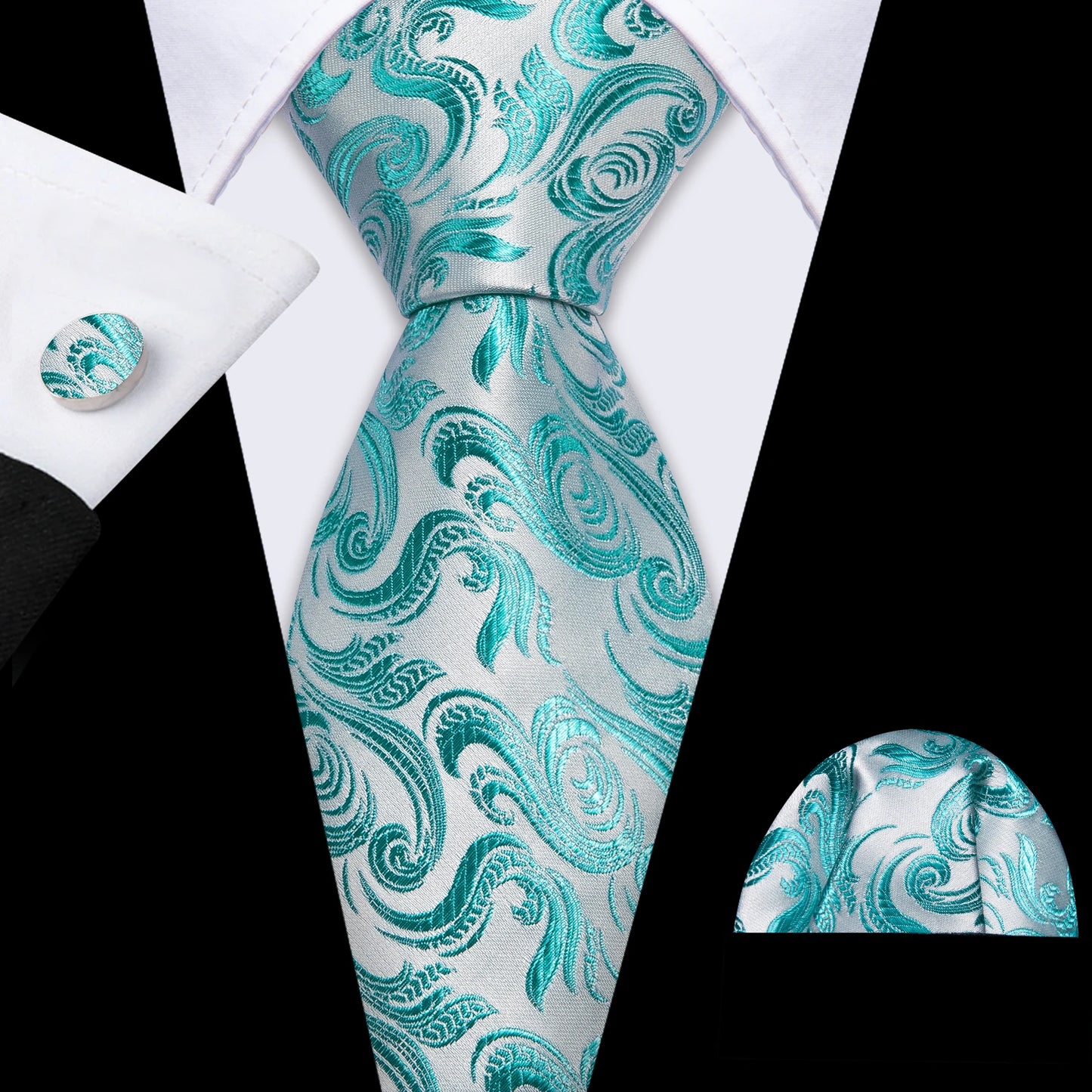 Fashion Silk Men Tie Green Teal Blue Solid Paisley Striped Plaid Floral Animal Necktie Handkerchief Cufflinks Set Barry. For Wedding