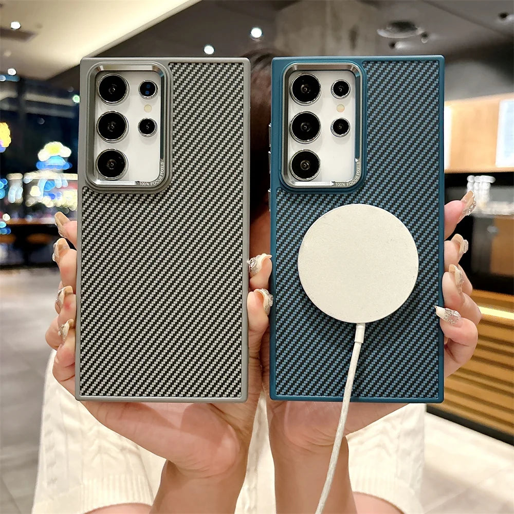 Luxury Carbon Fiber Pattern Armor For Magsafe Case For Samsung Galaxy S24 Plus Ultra Magnetic Wireless Charge Matte Hard Cover