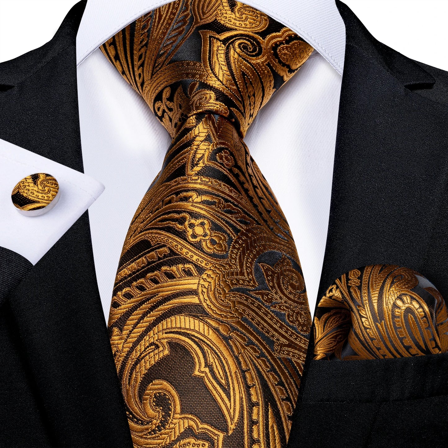 Brand New 2025 Mens Tie 100% Silk Classic Jacquard Woven 8cm Gold Yellow Formal Business Wedding Neck Tie Pocket Square Set Suit Cravat