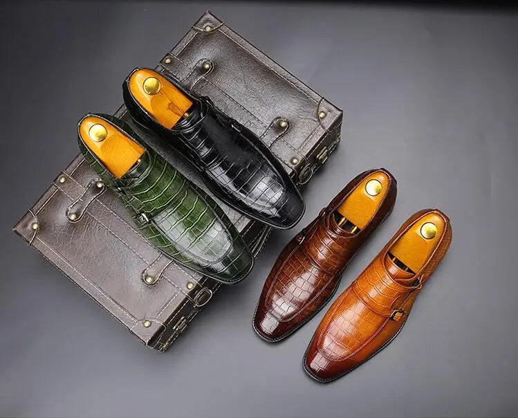 Man's Business Dress Office Shoes Crocodile Grain Leather Shoes Mens Buckle Casual Wedding Party Shoe Men Loafers Flats
