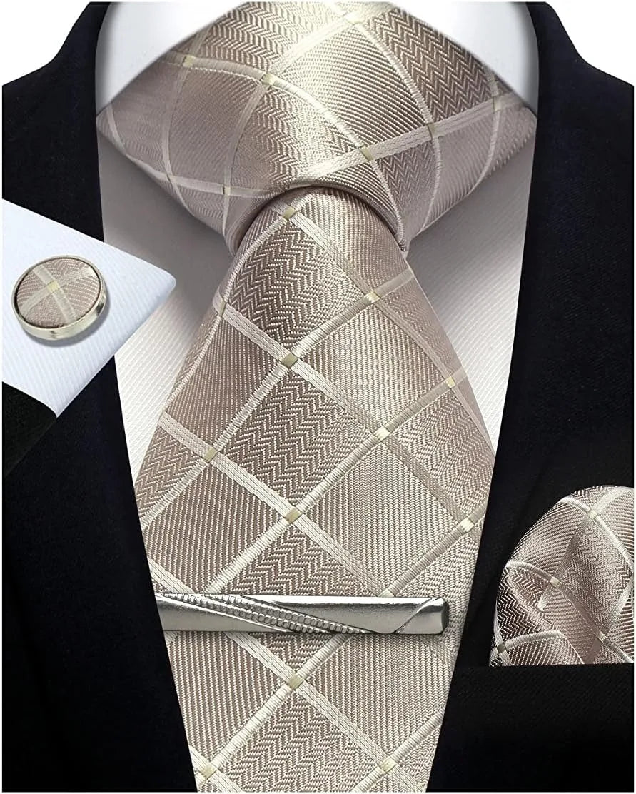 100% Silk Ties for Men Plaid & Checks Tie Clip Handkerchief Woven Classic Men's Necktie Pocket Square Set Formal Wedding Ties