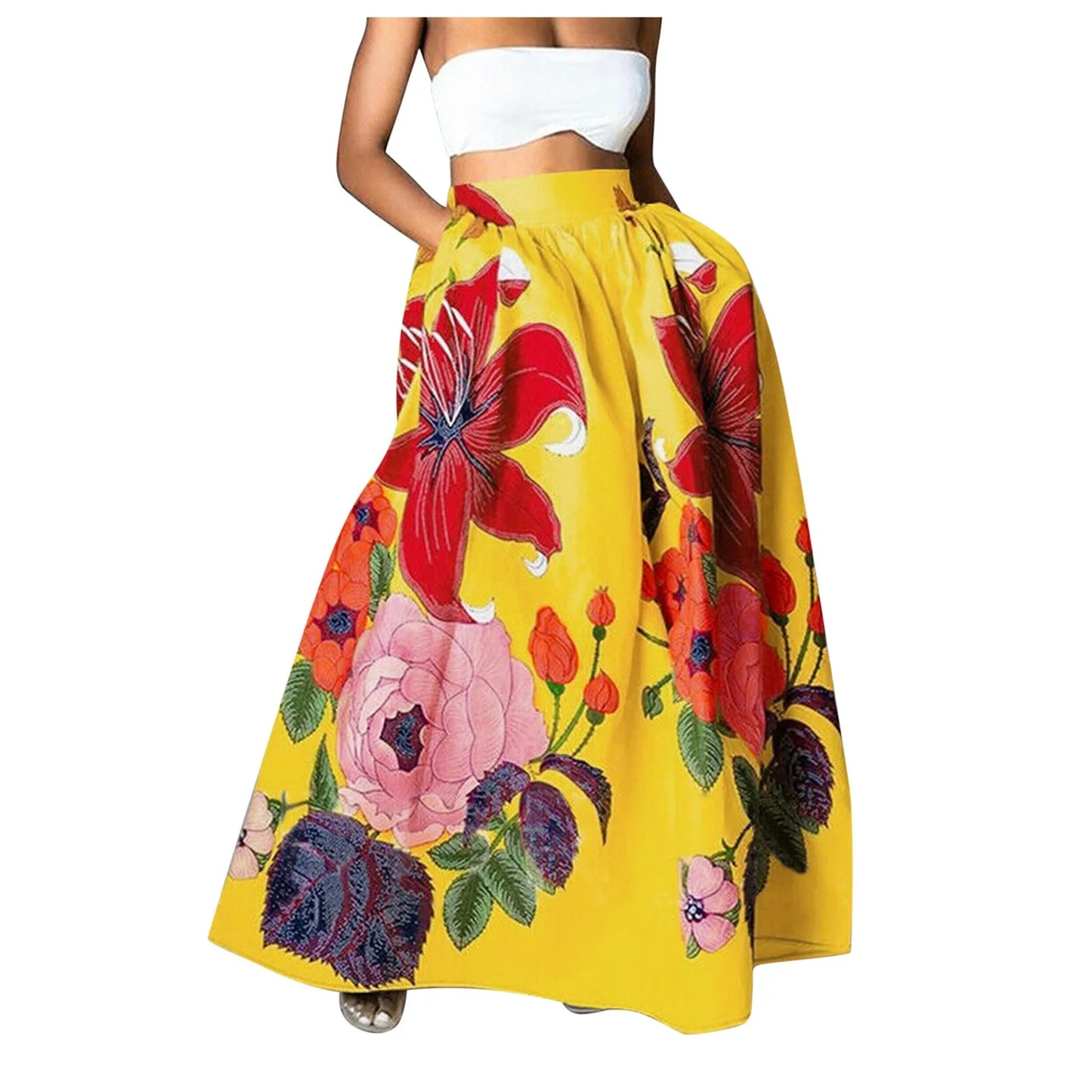 Women Floral Print Maxi Skirt Bohemian High Waist Pocket Party Long Skirt Loose Ruched Dress Elegant Female Fashion A-Line Skirt