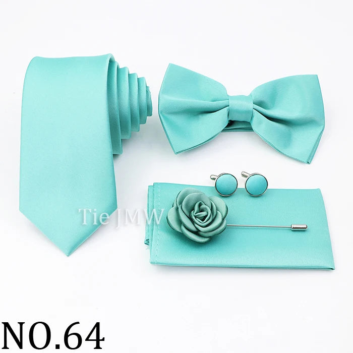 Hot Sale Pink Purple Sage Green Tie Set Polyester Necktie Bowtie Cufflink Brooch For Groom Suit Wedding Cravat Shirt Accessory