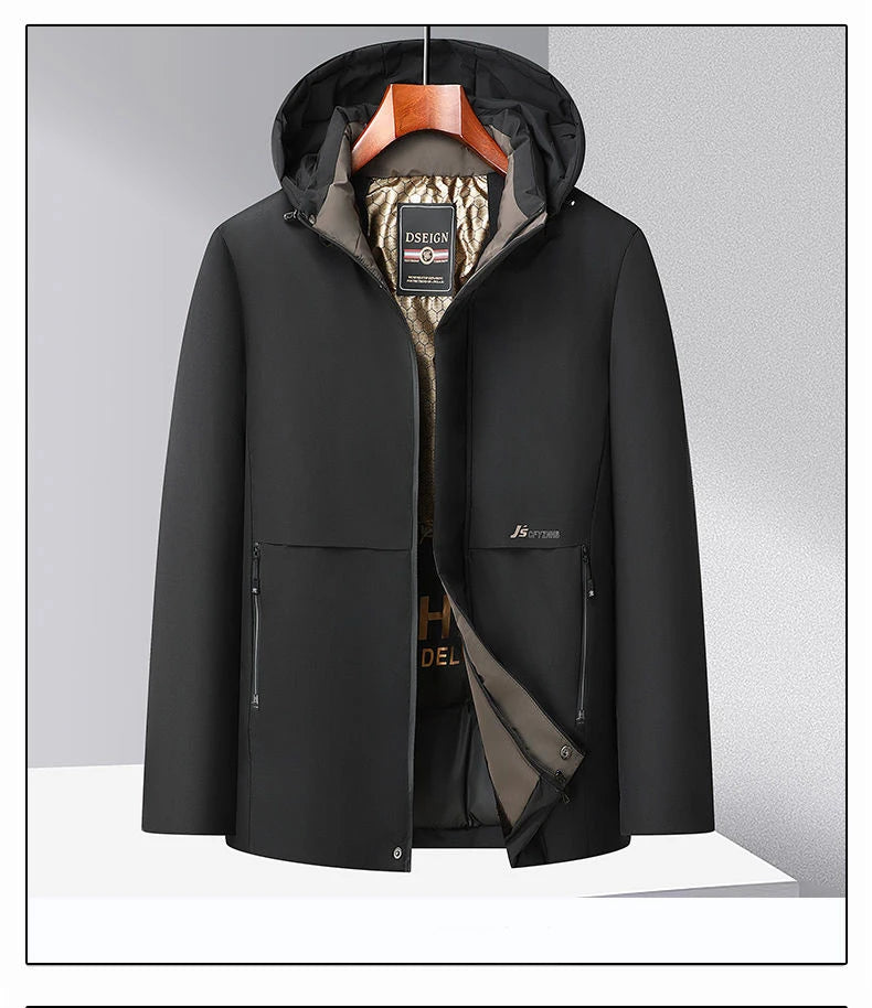 Men Winter  2025-2026 Thick Warm Parka Coat Fleece Inside Male Solid Color Hooded Thick Jacket  Men's Middle Long Coat Size