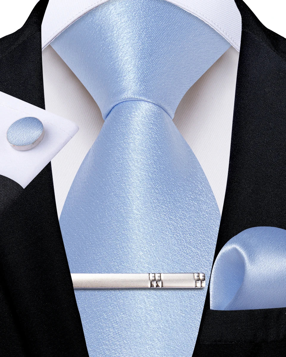 4Pcs Solid Green Brown Black Blue Red Satin 8cm Men Tie Set Handkerchief Cufflinks Wedding Party Accessories Gift for Husband