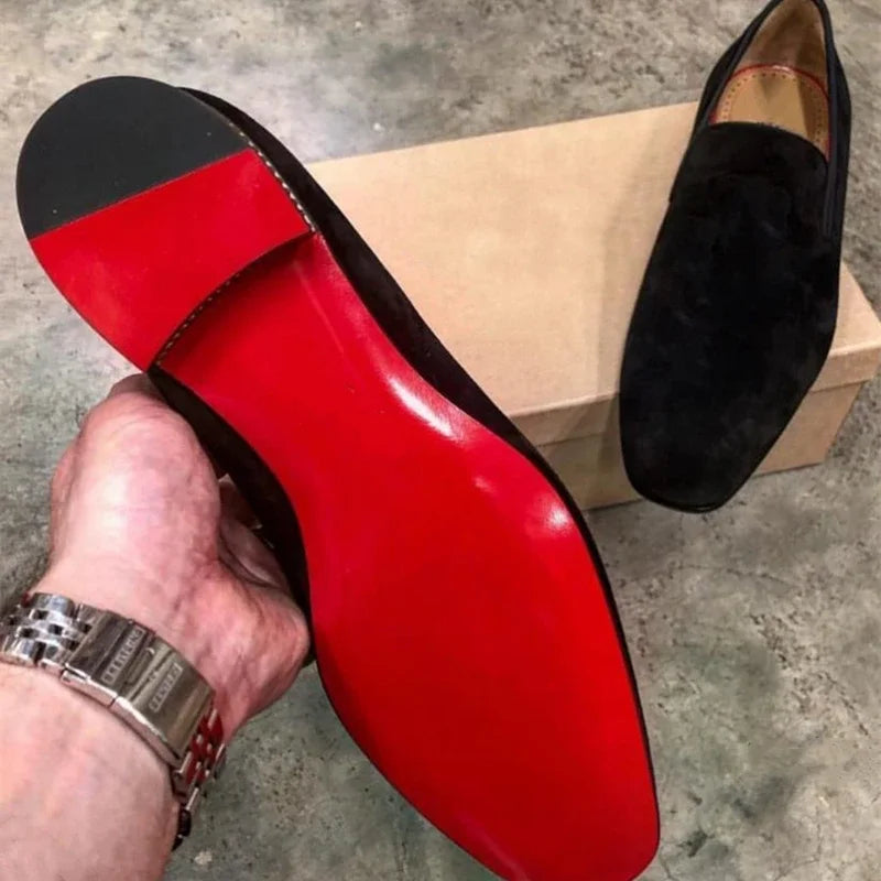 New 2024-2025 Red Sole Loafers Black Wedding Shoes for Men Yellow Flock Round Toe Slip-On Men's Business Dress Shoes Size 38-46