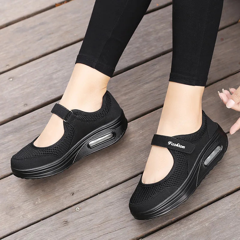 New Women Tennis Shoes New Hook Loop Air Cushion Shoe Non-slip Sole Breathable Female Casual Increase Footwear Outdoor Walk Sneakers
