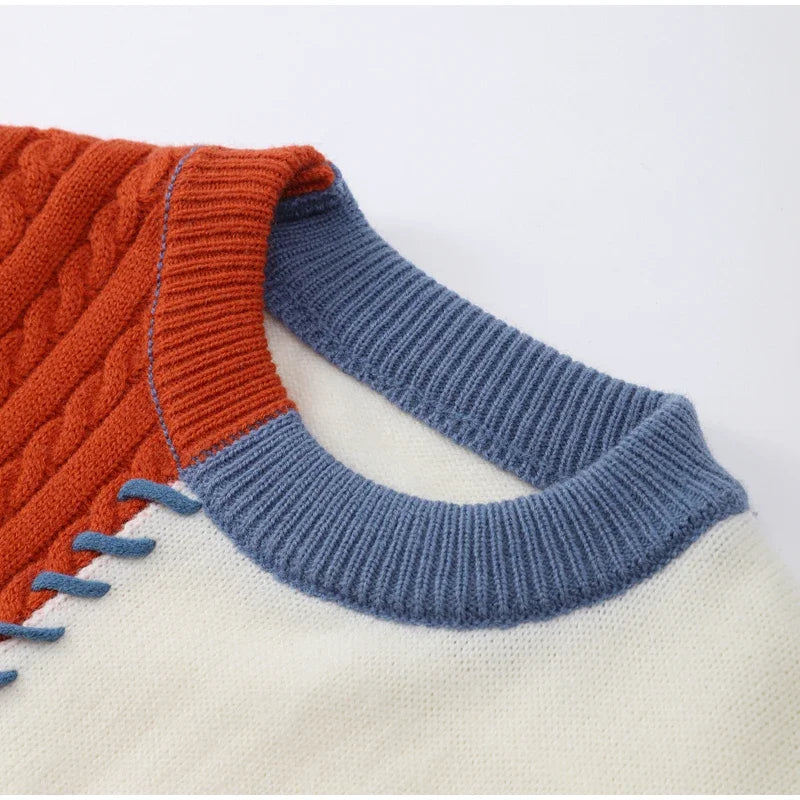 Man Panelled Contrast O neck Sweater 2024-2025 Autumn Winter Vintage Loose Long Sleeves Knitted Pullover Fashion Casual Male Jumper