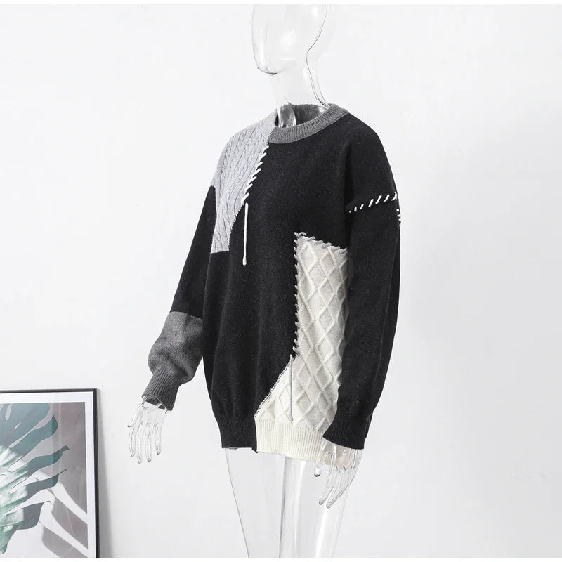 Man Panelled Contrast O neck Sweater 2024-2025 Autumn Winter Vintage Loose Long Sleeves Knitted Pullover Fashion Casual Male Jumper