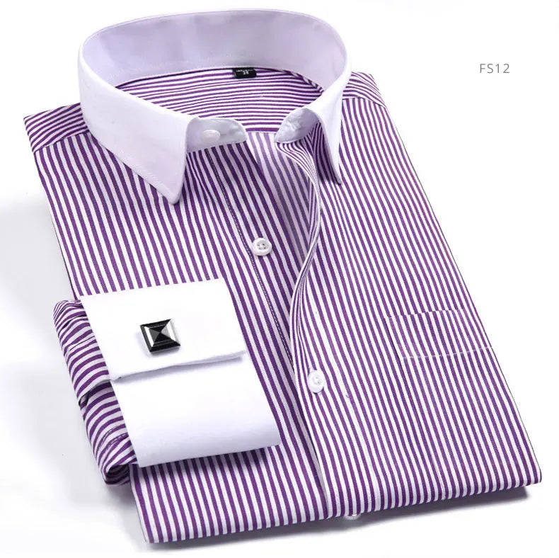 Brand NEW 2024-2025 Fashion Mens French Cufflinks Dress Shirts Long Sleeve Yellow White Blue Social Business Regular Fit Wedding Party Shirt For Man