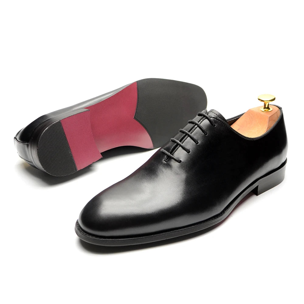 Brand Designer Whole Cut Oxford Dress Shoes Men Genuine Leather Handmade Lace Up Plain Toe Business Office Formal Wedding Shoe