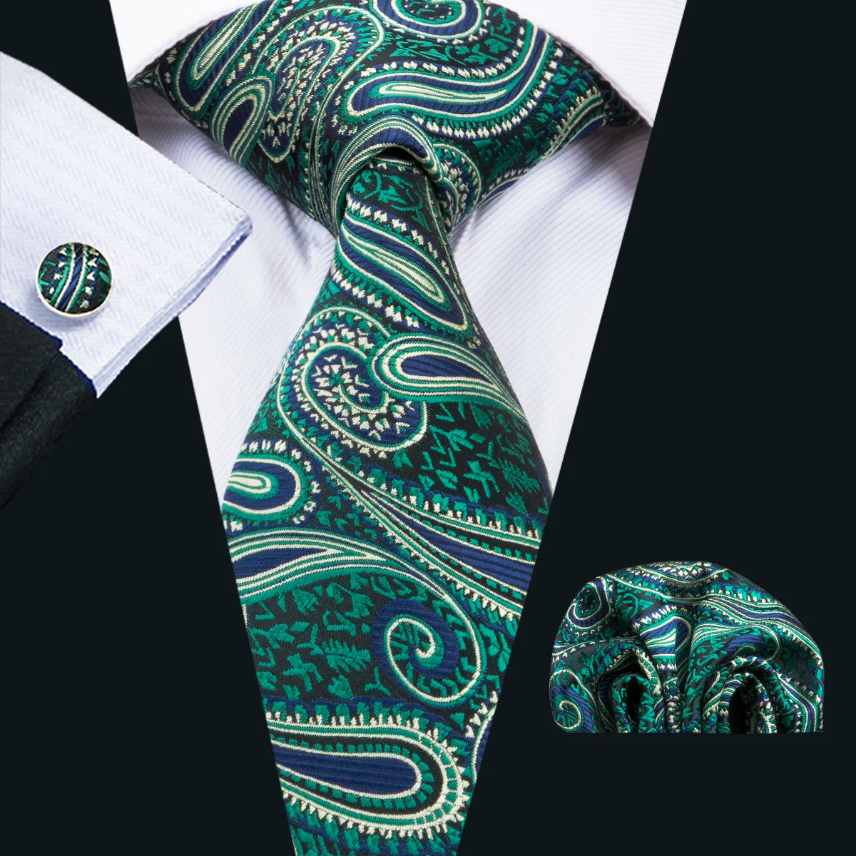 Fashion Silk Men Tie Green Teal Blue Solid Paisley Striped Plaid Floral Animal Necktie Handkerchief Cufflinks Set Barry. For Wedding