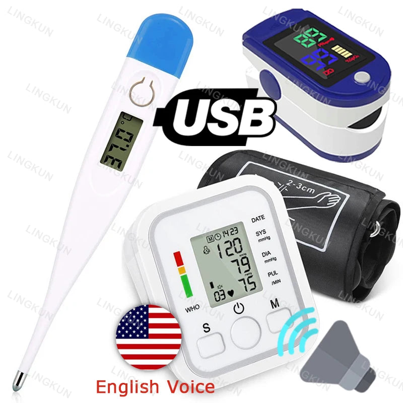 English Voice Digital Arm Blood Pressure Cuff Sensor Monitor BP Automatic Pressure Tonometer Tensiometer Heart Rate Pulse Meter