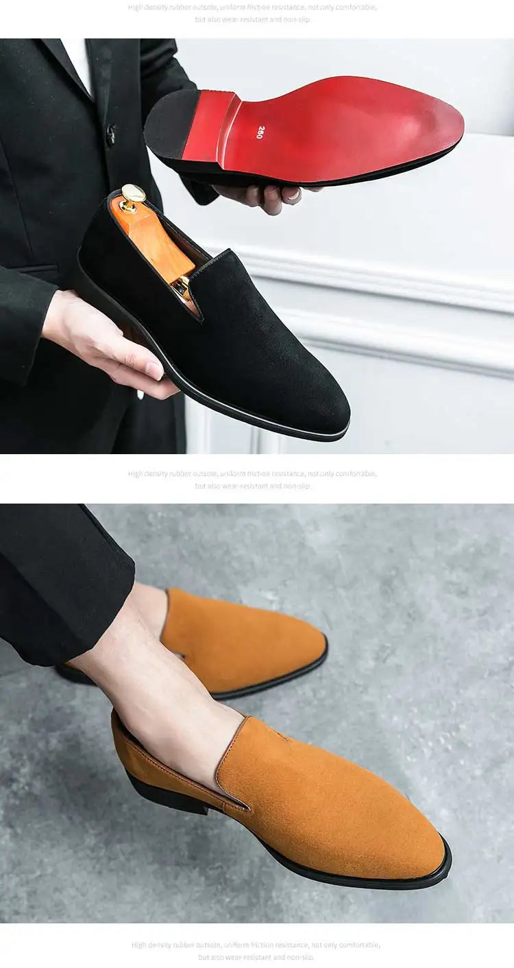 New 2024-2025 Red Sole Loafers Black Wedding Shoes for Men Yellow Flock Round Toe Slip-On Men's Business Dress Shoes Size 38-46