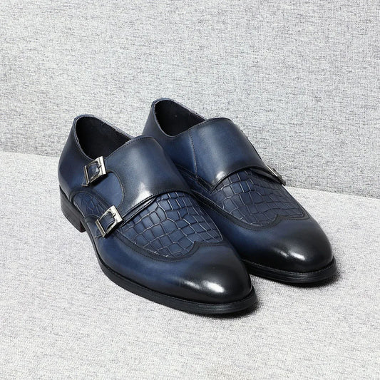 Natural Cow Leather Elegant Man Dress Shoes Stone Pattern Print Monk Double Buckle Strap and Cap Toe Business Party Social Shoes WE have 10% for all purchase in our store