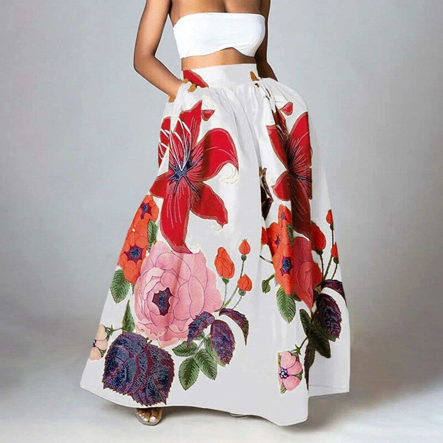 Women Floral Print Maxi Skirt Bohemian High Waist Pocket Party Long Skirt Loose Ruched Dress Elegant Female Fashion A-Line Skirt
