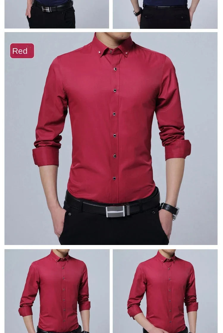Summer Business Slim Fit White Shirt for Men - British Casual Tooling Style with Three Buttons Men's Long Sleeve Shirts