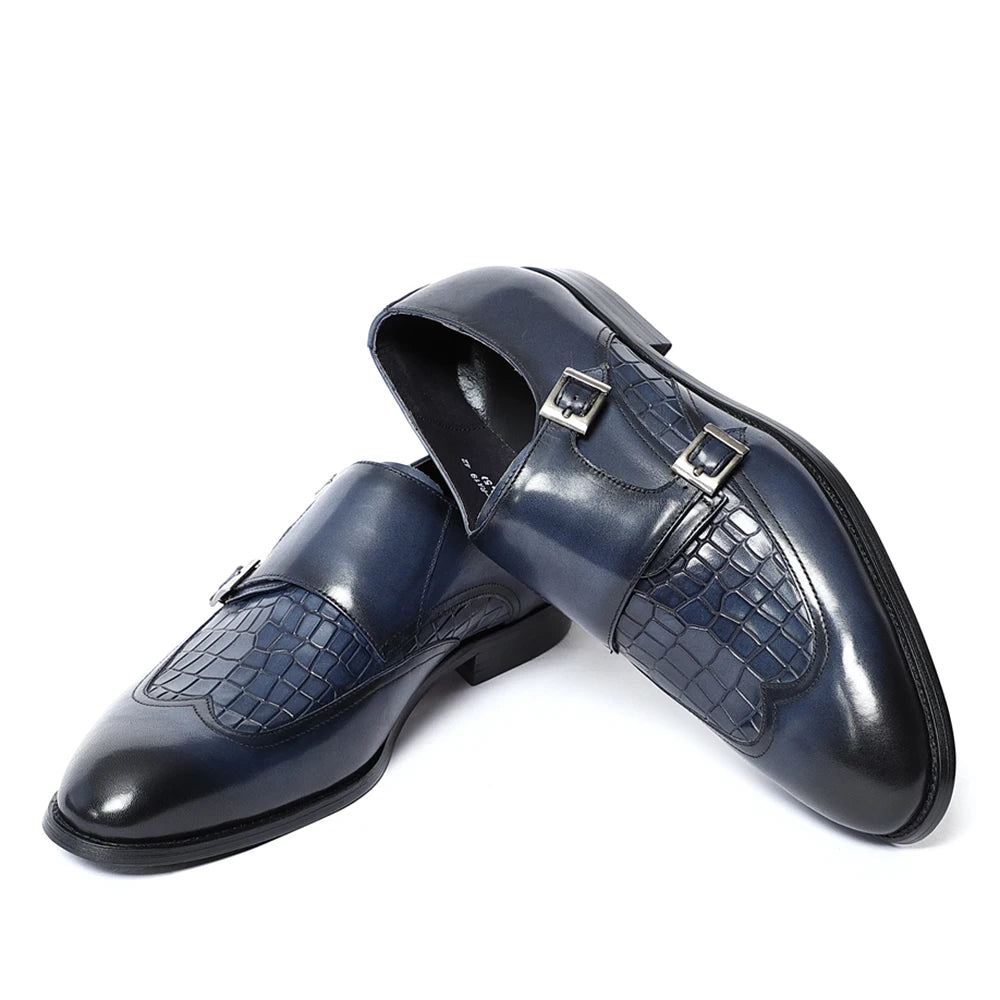 Natural Cow Leather Elegant Man Dress Shoes Stone Pattern Print Monk Double Buckle Strap and Cap Toe Business Party Social Shoes WE have 10% for all purchase in our store