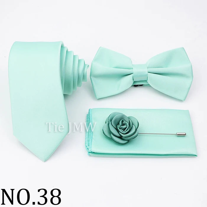 Hot Sale Pink Purple Sage Green Tie Set Polyester Necktie Bowtie Cufflink Brooch For Groom Suit Wedding Cravat Shirt Accessory