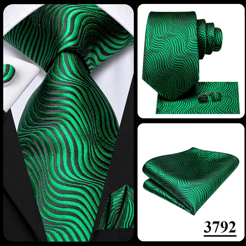 Hi-Tie Solid Green Orange Mens Fashion Necktie Handkerchief Cufflinks for Tuxedo Accessory Classic Silk Luxury Tie for Man Gift