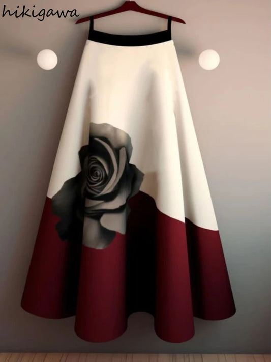 NEW 2024 Vintage Skirt Women's Clothing Contrast Color Floral A-line Temperament Jupe 2024 Faldas Mujer De Moda Big Swing Summer Skirts