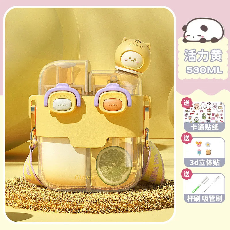 GIAVOS Large Capacity Portable Plastic Cup High Appearance Level Split Storage Cup Children's Water Cup Students with Straw Cup