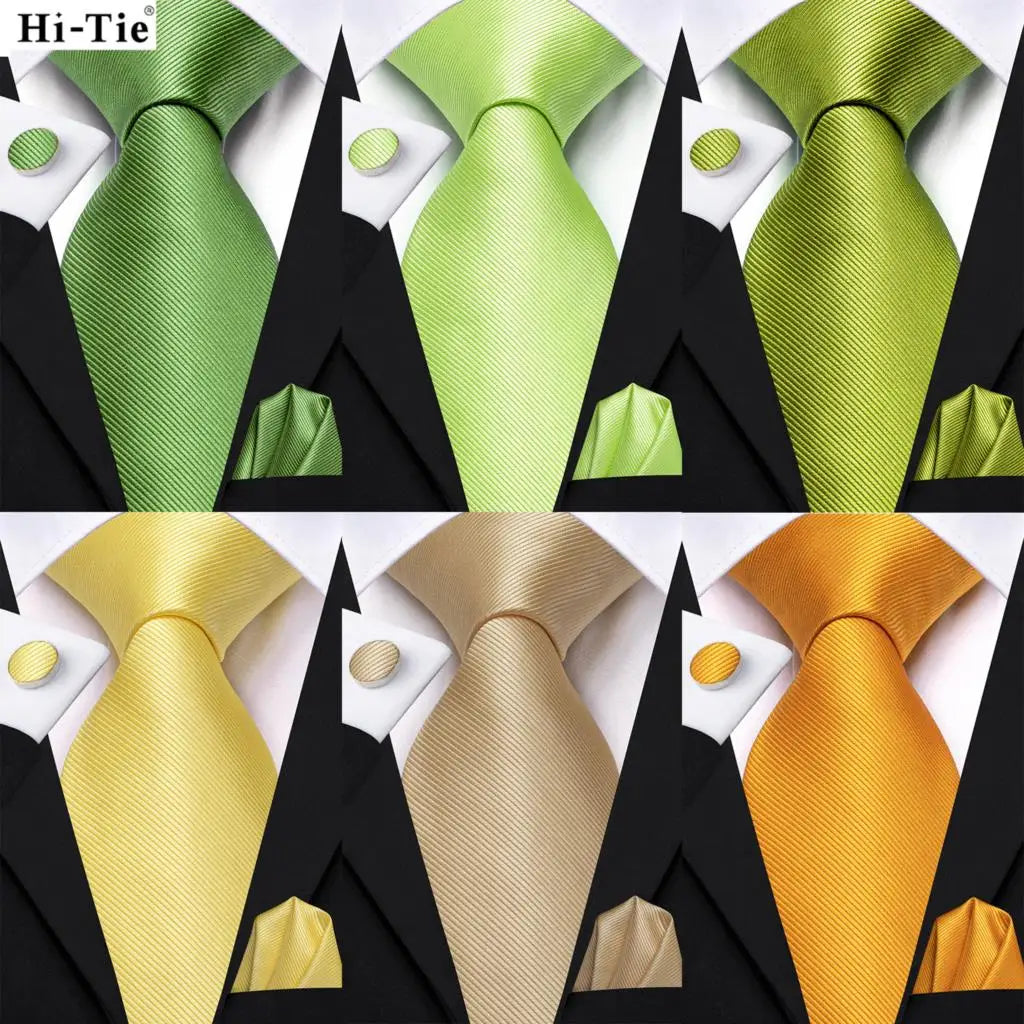 Hi-Tie Solid Green Orange Mens Fashion Necktie Handkerchief Cufflinks for Tuxedo Accessory Classic Silk Luxury Tie for Man Gift