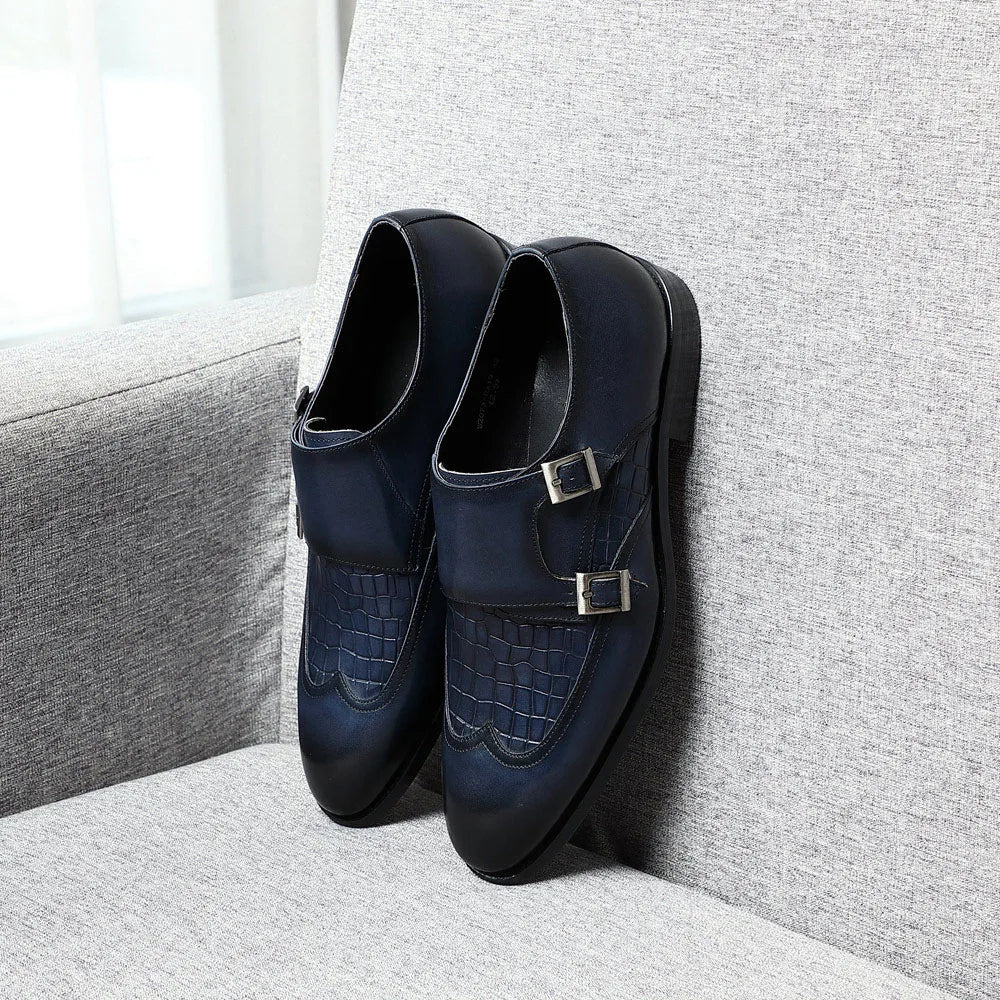 Natural Cow Leather Elegant Man Dress Shoes Stone Pattern Print Monk Double Buckle Strap and Cap Toe Business Party Social Shoes WE have 10% for all purchase in our store