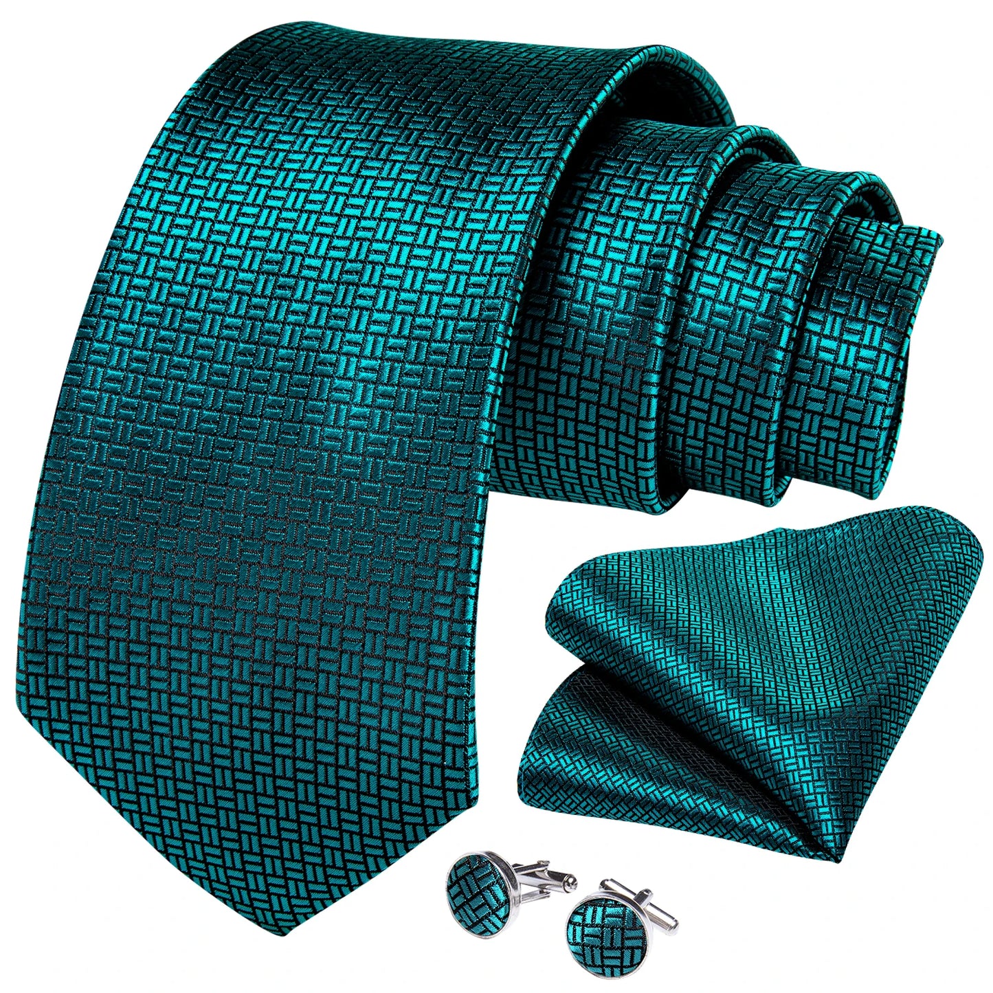 DiBanGu Mens Necktie Teal Green Blue Solid Design Silk Wedding Tie For Men Hanky Cufflinks Tie Set Fashion Bussiness Party