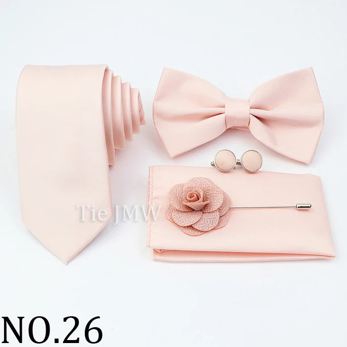 Hot Sale Pink Purple Sage Green Tie Set Polyester Necktie Bowtie Cufflink Brooch For Groom Suit Wedding Cravat Shirt Accessory