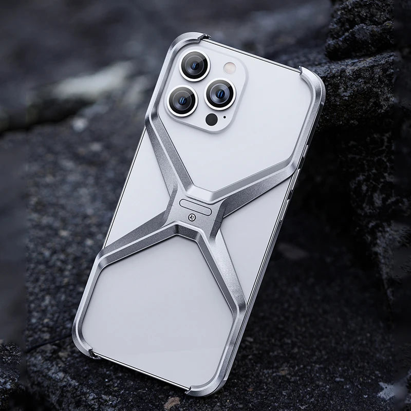 Aluminum Alloy Rimless X Type Phone Case For iPhone 14 15 Pro Max Metal Heat Dissipation Removable Armor Shockproof Cover Funda