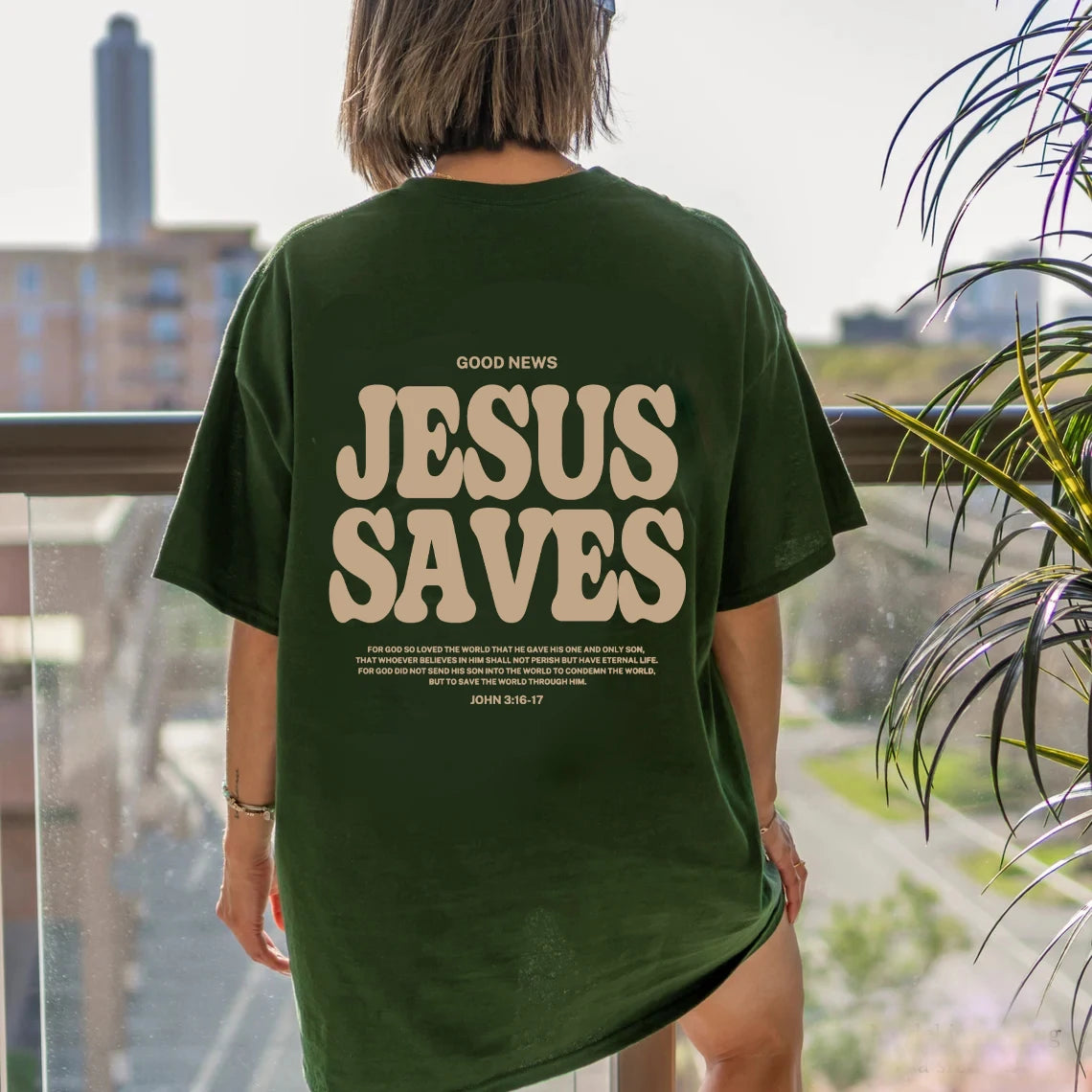 Good News JESUS -CHRIST Saves Oversized T-Shirt JESUS CHRIST Apparel Christian Loose Tee Women Trendy Casual cotton Aesthetic Top