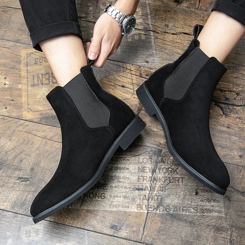 Trendy Brand 2025  British Style Men Boots High Top Slip On Suede Leather Ankle Boots Spring Autumn New Chelsea Boots Men Casual Shoes